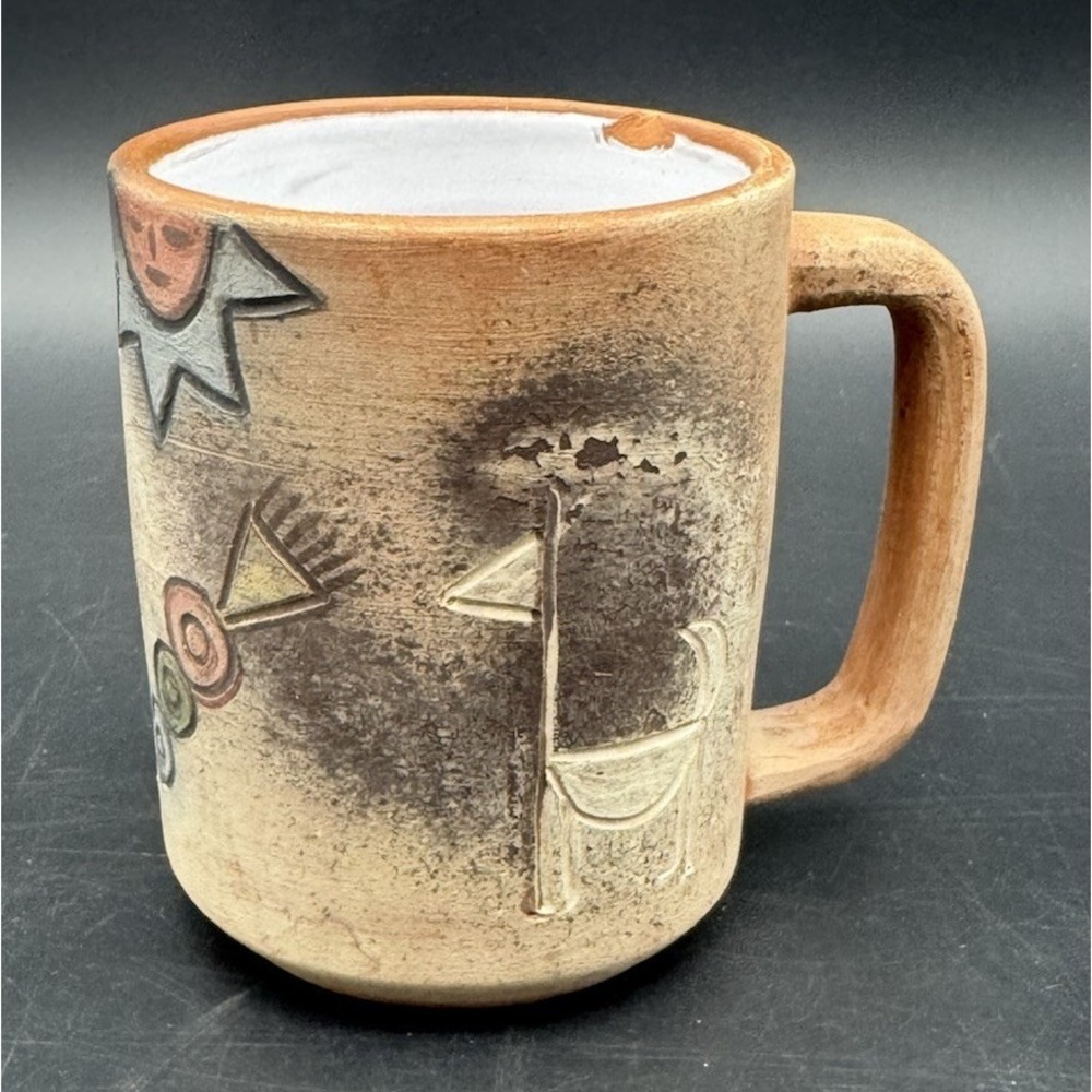 Handmade Studio Pottery Mug Southwest Tribal Relief Earth Tone Art Cup Imperfect
